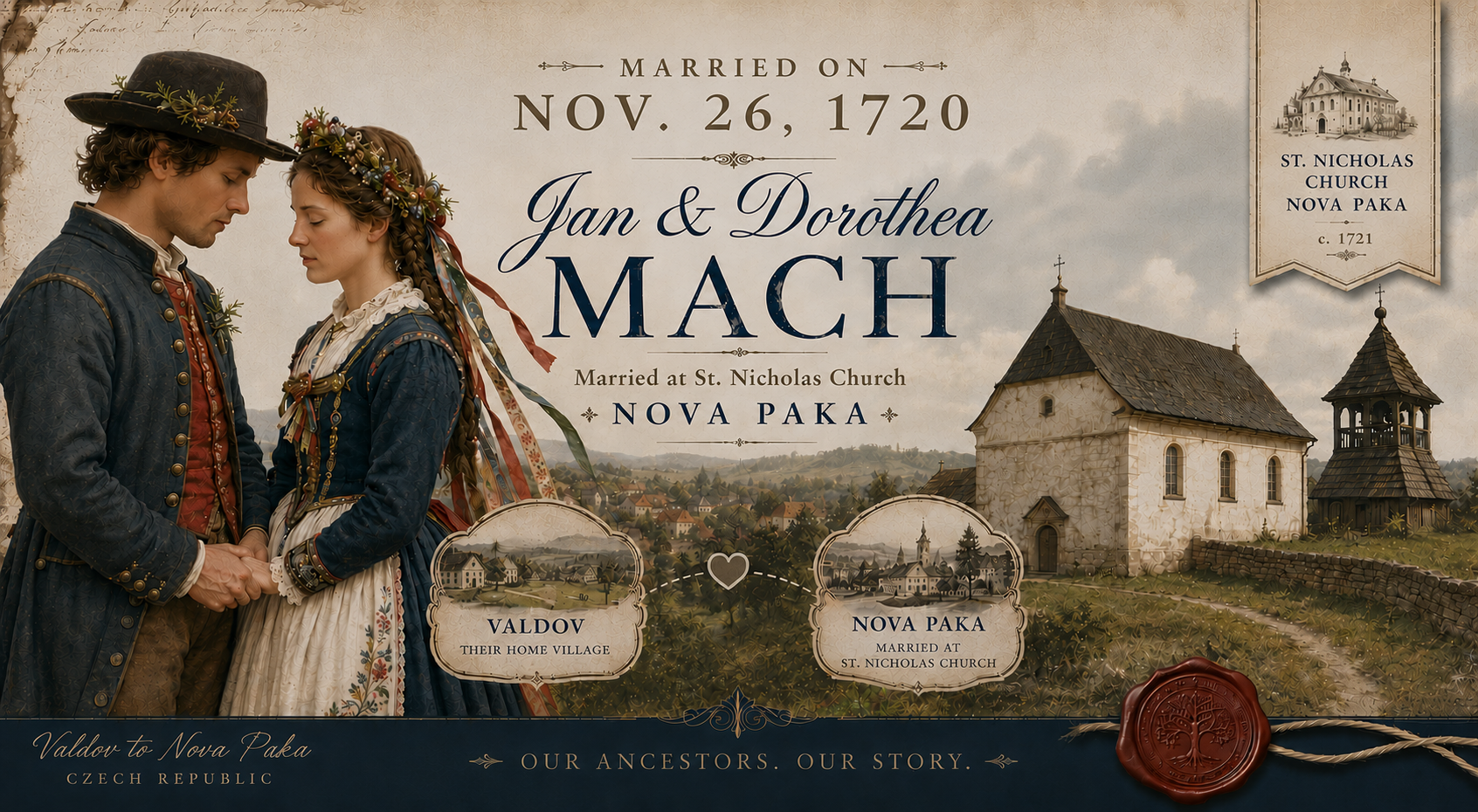AI Generated Image of Young Czech couple, traditional attire, St. Nicholas Parish Church